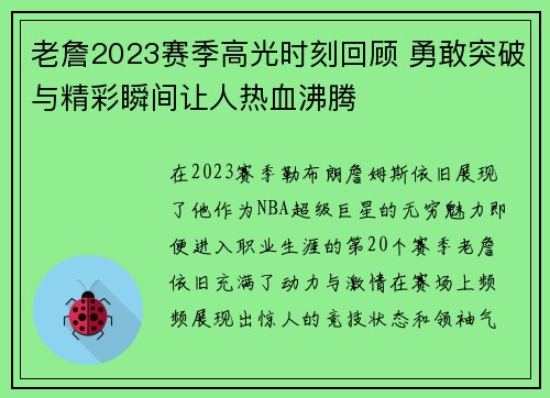 老詹2023赛季高光时刻回顾 勇敢突破与精彩瞬间让人热血沸腾