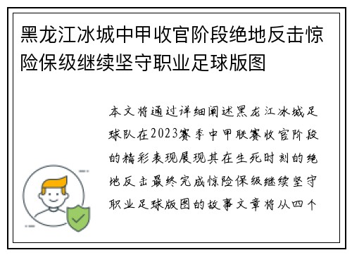 黑龙江冰城中甲收官阶段绝地反击惊险保级继续坚守职业足球版图