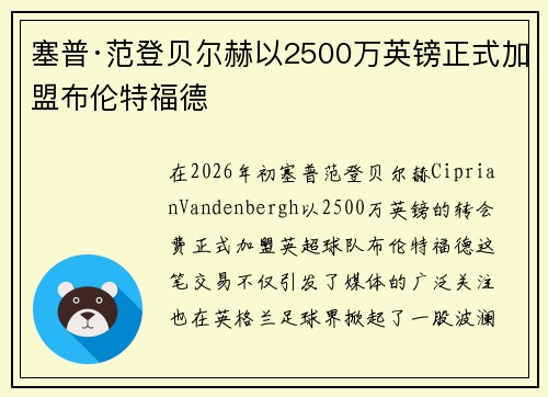 塞普·范登贝尔赫以2500万英镑正式加盟布伦特福德